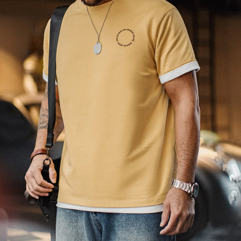 Premium Men's Vintage Foam Print T-Shirt – Heavyweight Yellow Cotton Crew Neck Tee, Loose Fit Summer Streetwear